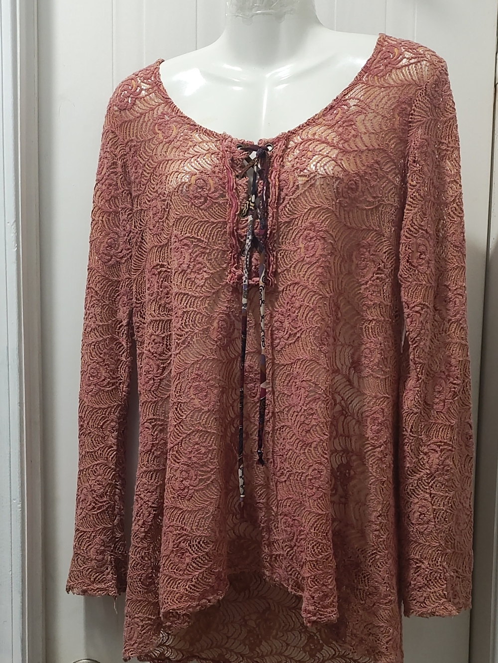 gimmicks by BKE Lace Tie-Front Tunic Top in Dusty Rose